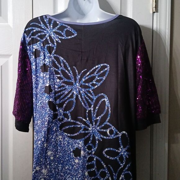 Butterflies purple black blue print shirt with sequin sleeves Sz 2X NWOT - Picture 7 of 9